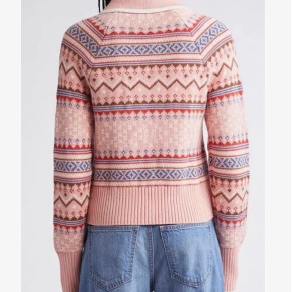 Veronica Beard Cheshire Intarsia Cardigan Rose Fair Isle Pink Knit Holiday - Picture 3 of 7